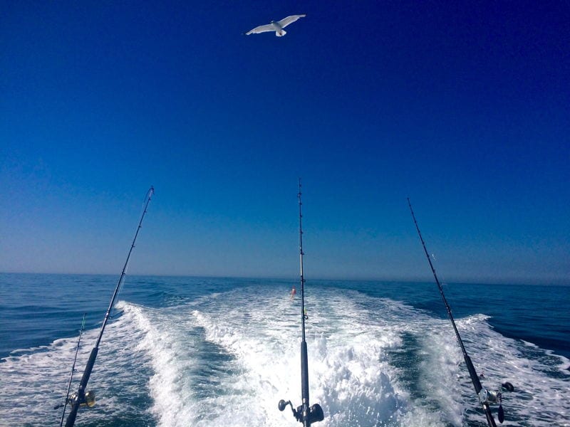 Offshore fishing boat with three rods