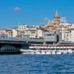 Karakoy skyline with Galata Tower and passenger boat in Istanbul, Turkey