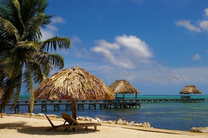 View of beach resort in Ambergris Caye, Belize.