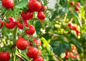 Ripe tomato plant growing in greenhouse. Fresh bunch of red natural tomatoes on a branch in organic vegetable garden.