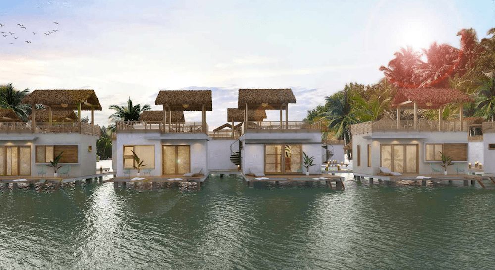 Front view of bungalows on water