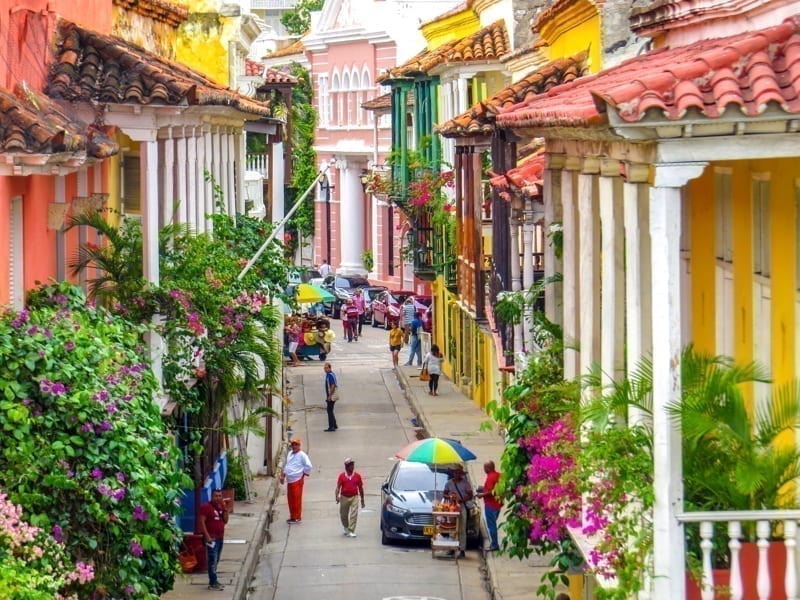 Street in walled city in Cartagena Colombia.