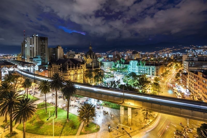 Plaza Botero square and downtown Medellin at dusk in Medellin, Colombia. 
