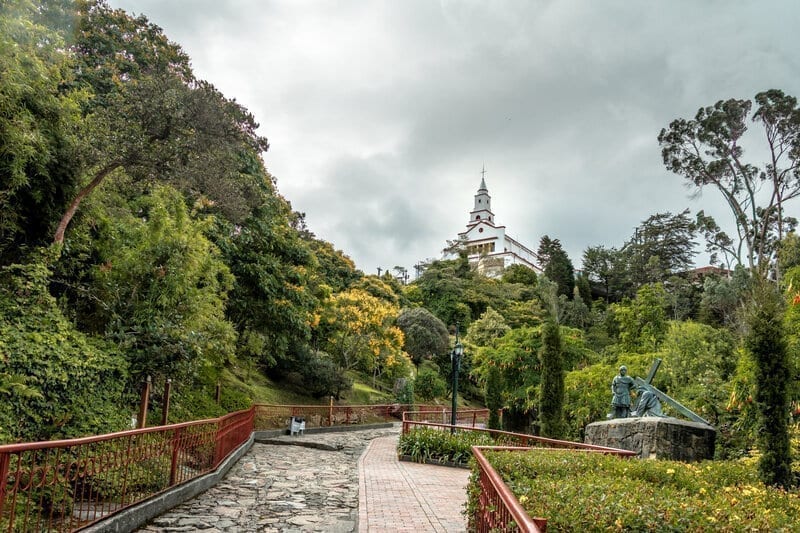 Walkway on top of Monserrate Hill with Monserrate Church on background - Bogota, Colombia