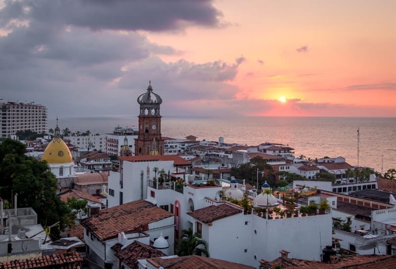 Aerial view of downtown Puerto Vallarta at sunset