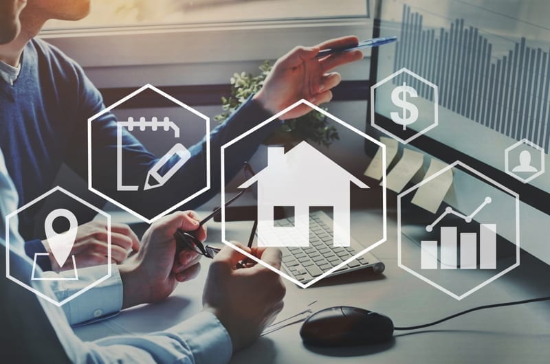 Real estate concept with icons of location, contract and price diagram. property overseas