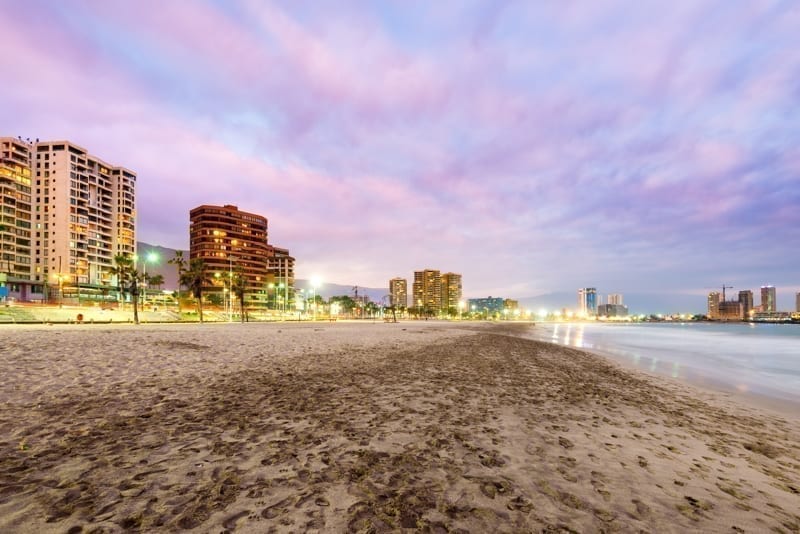  Cavancha Beach in the northern port city of Iquique in the Atacama Desert, Chile. City Beaches