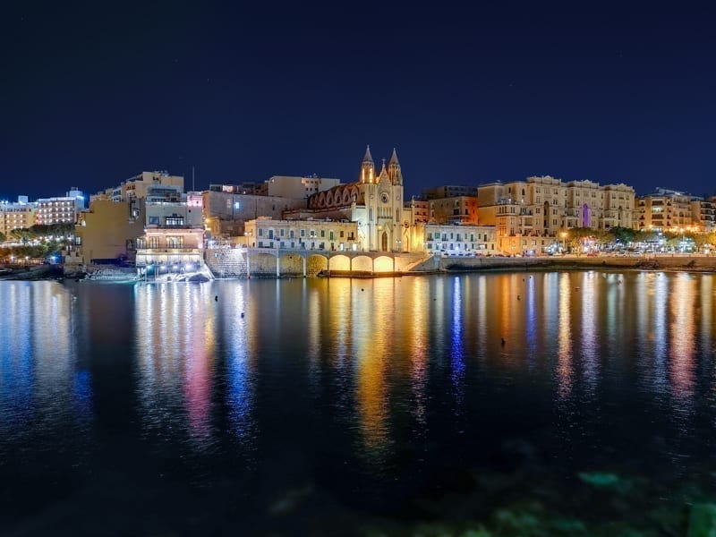 Church of Our Lady of Mount Carmel at night, St.Julians, map of malta