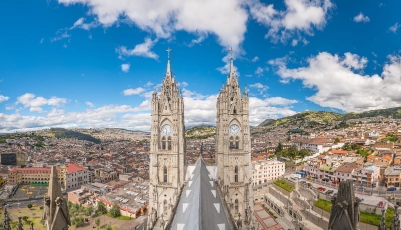 Basilica del Voto Nacional and downtown Quito in Ecuador
