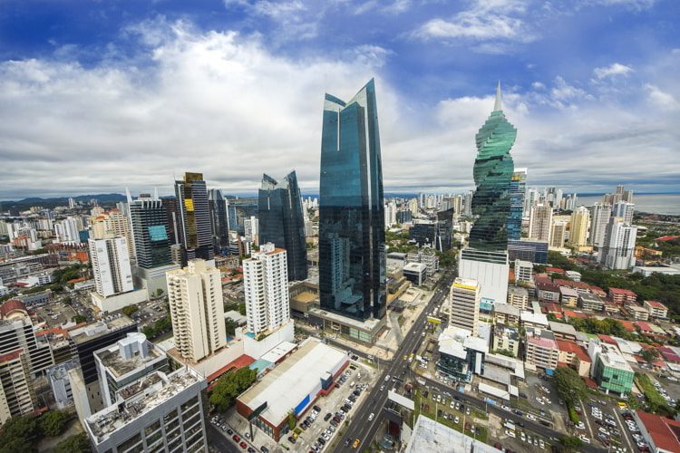 Aerial view of the modern skyline of Panama City , Panama