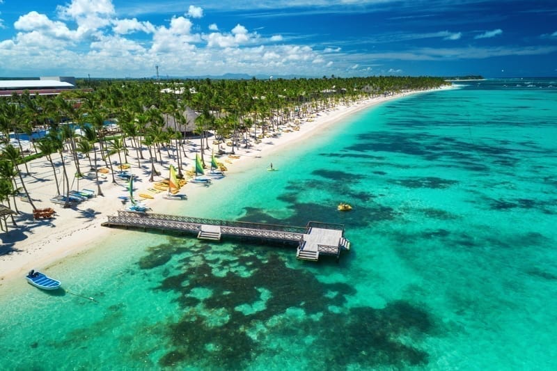 Aerial drone view of Caribbean resort Bavaro, Punta Cana, Dominican Republic. City Beaches