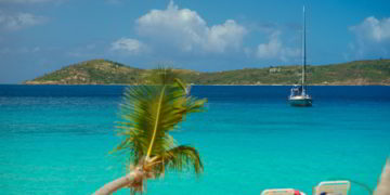 Relaxing on chair on the beach with palm and yacht on background