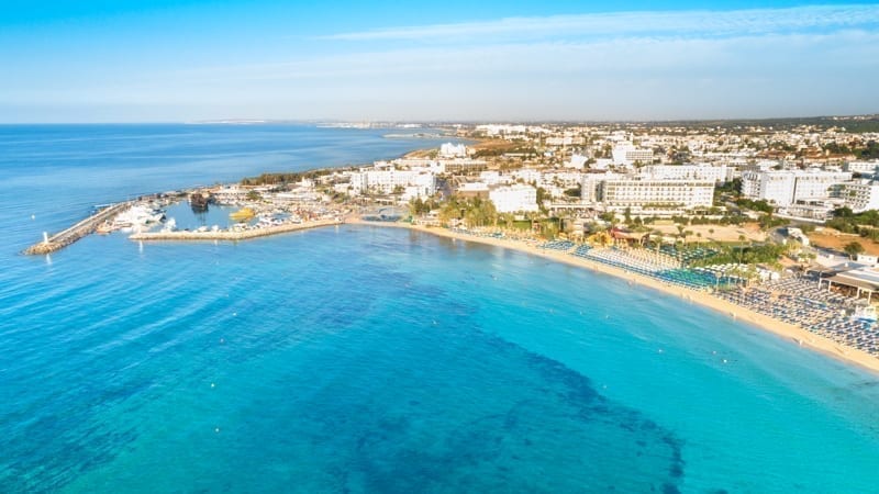 Aerial bird's eye view of Pantachou - Limanaki beach (Kaliva), Ayia Napa, Famagusta, Cyprus.