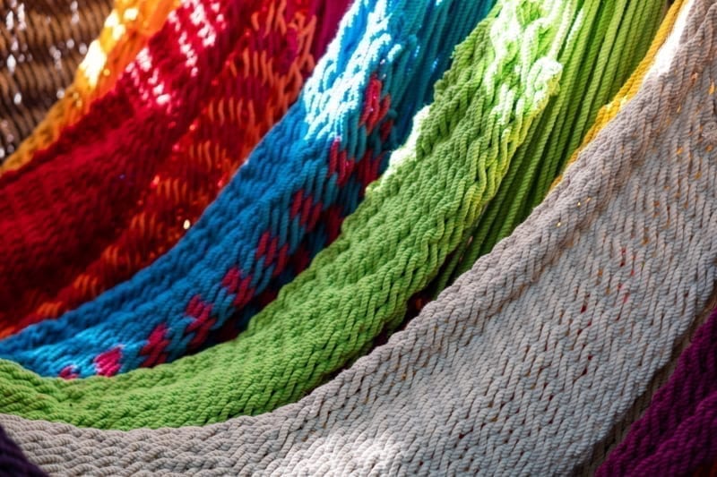 Close-up of multi-colored hammocks