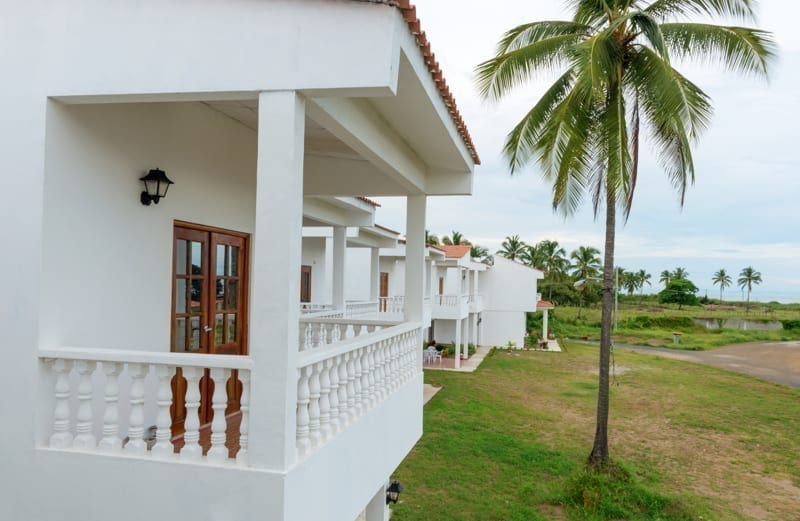 Scenic view overlooking luxury villas and calm blue sky and Pacific ocean in Panama. 