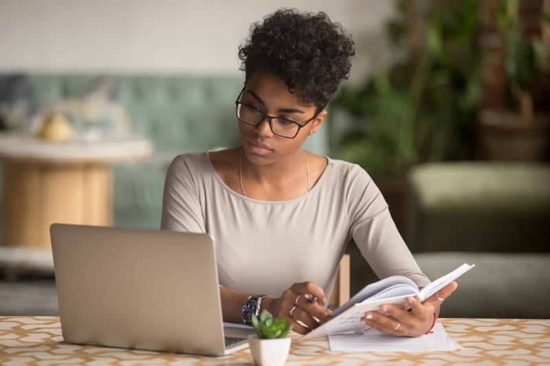 Woman studying and researching