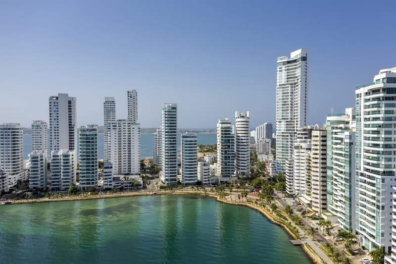 Aerial view of a skyline of skyscrapers in Cartagena's prestigious Castillogrande district