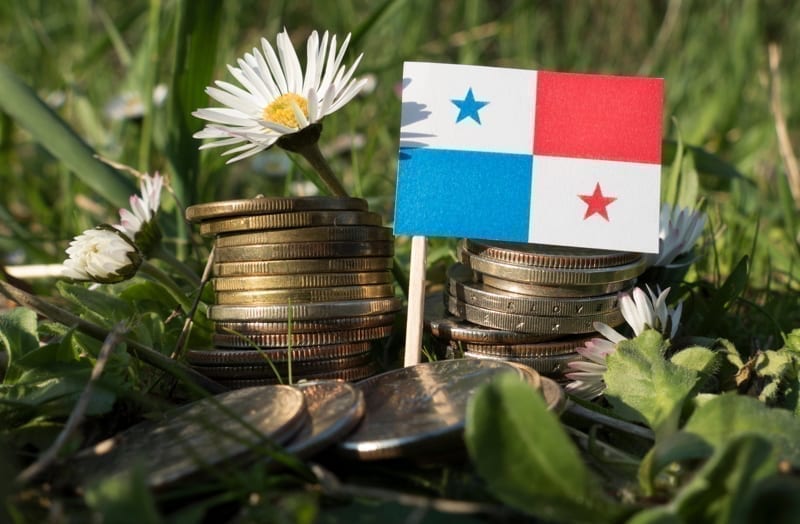 Panama flag with stack of money coins with grass and flowers