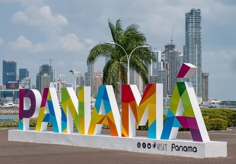 The famous Panama sign and the skyline of Panam City