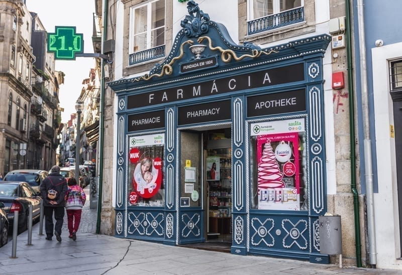 Pharmacy on Largo Sao Domingos street in Porto city on Iberian Peninsula, second largest city in Portugal