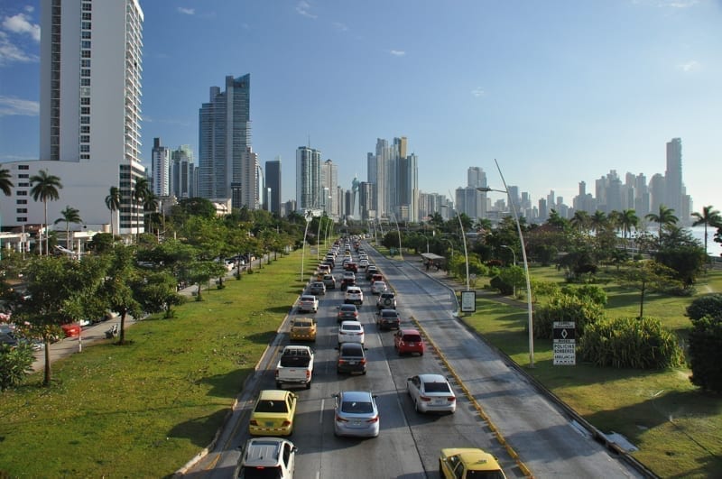 Panama city with high skyscrapers and port on the Pacific coast