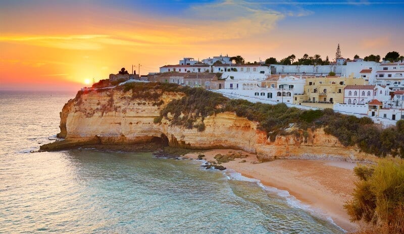 Sunset at Algarve coast, Carvoeiro, Portugal.