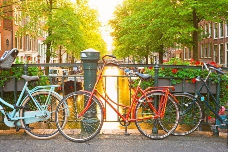Bikes on the bridge in Amsterdam, Netherlands