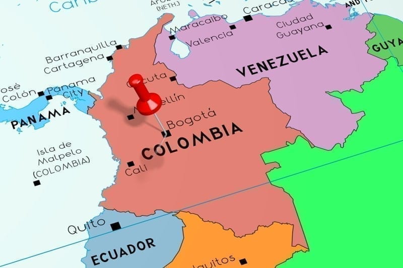 Colombia, Bogota - capital city, pinned on political map