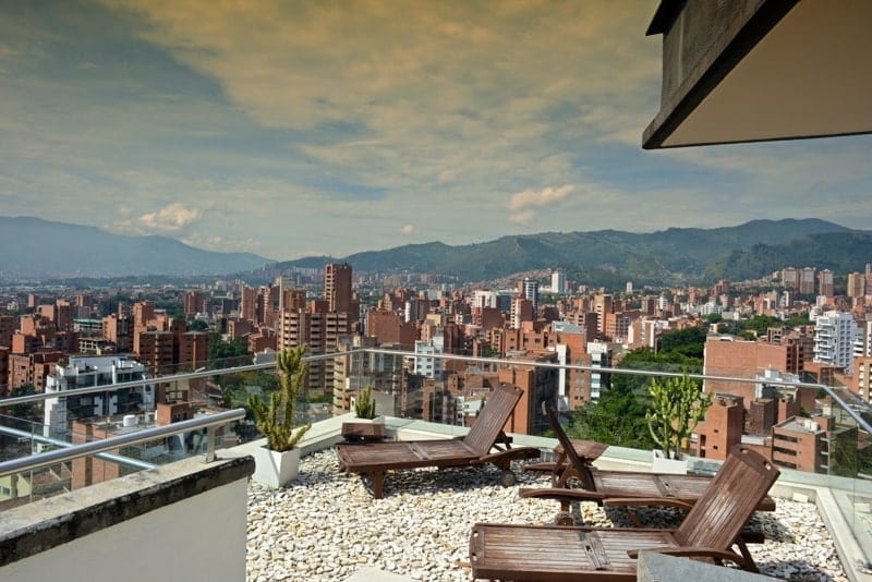 Rooftop of the Inntu Hotel in Laureles. Cityscape of Medellin