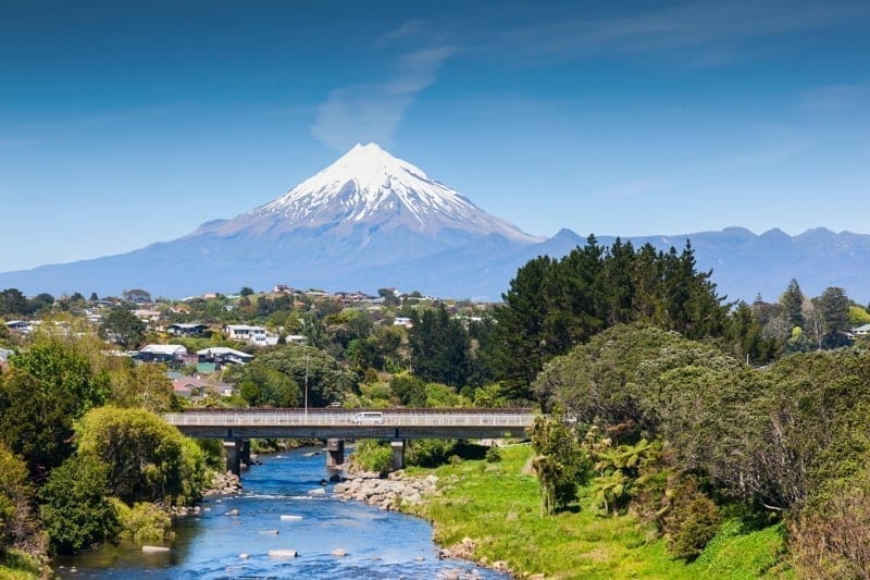 The Waiwhakaiho River, the city of New Plymouth, and Mount Taranaki, New Zealand