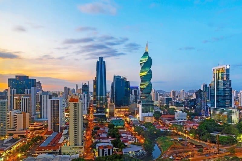 The skyline of Panama City with its skyscrapers in the financial district at sunset, Panama