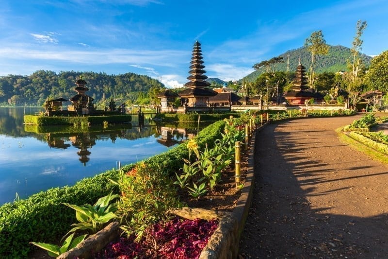 Pura Ulun Danu Bratan at sunrise, famous temple on the lake, Bedugul, Bali, Indonesia