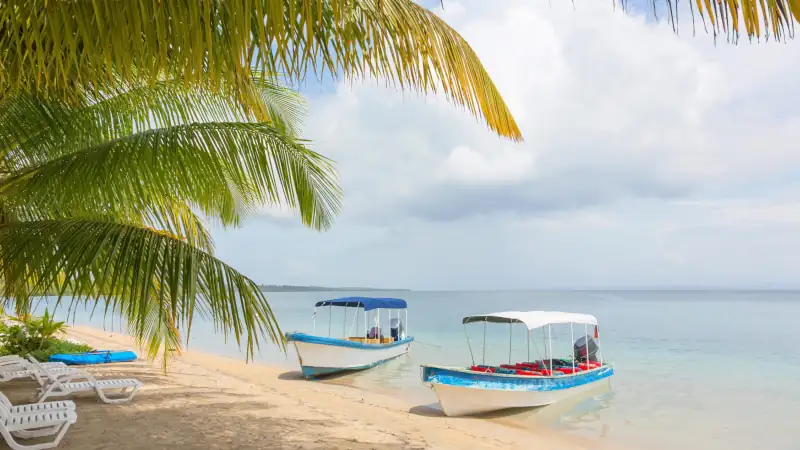 Boats at the Starfish beach, archipelago Bocas del Toro, Panama