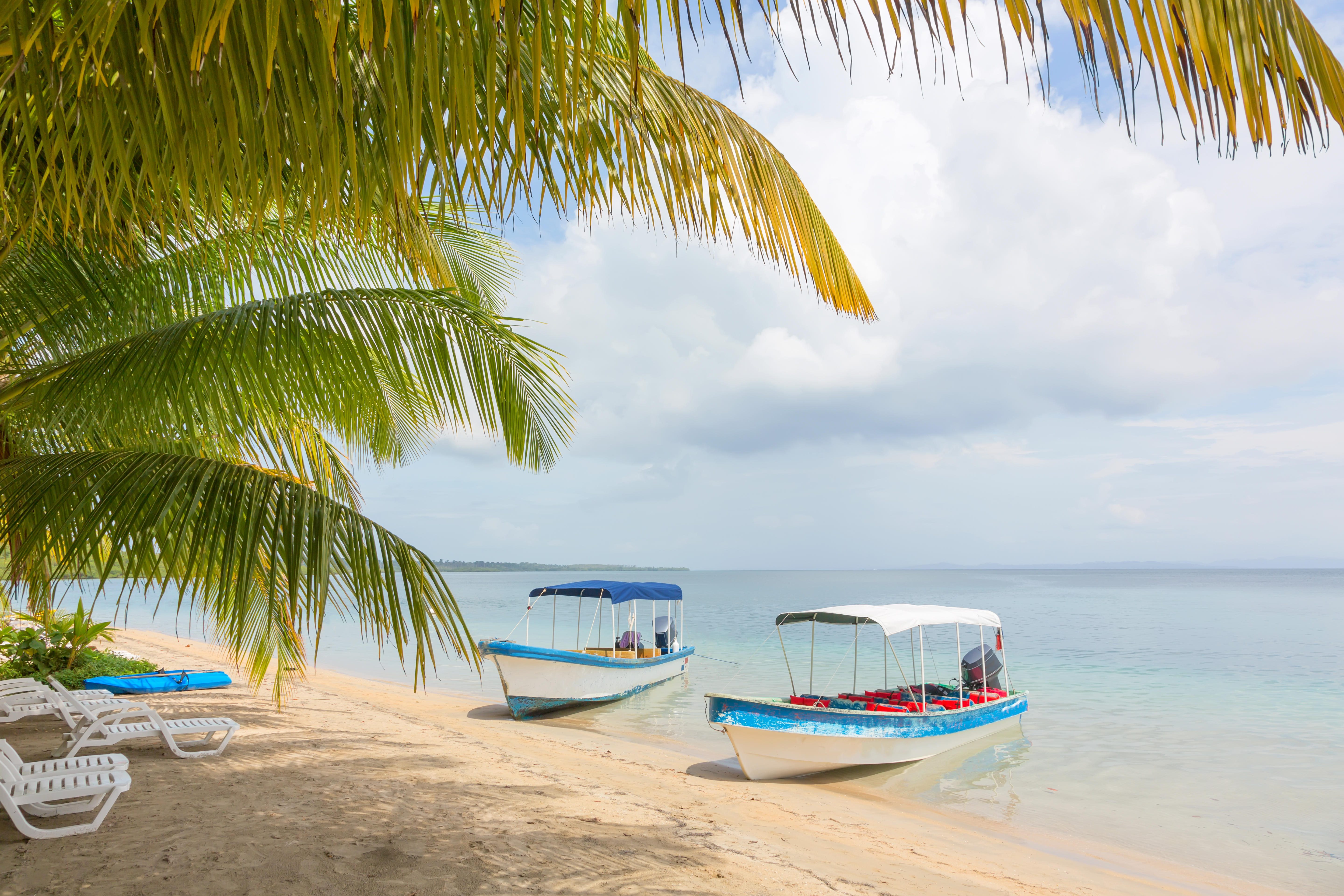 Boats at the Starfish beach, archipelago Bocas del Toro, Panama