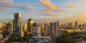 Panama City and its financial business district skyline at sunrise, Panama.