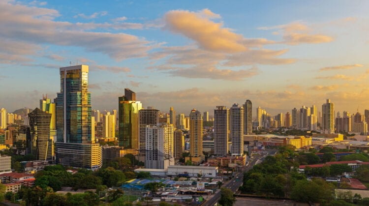 Panama City and its financial business district skyline at sunrise, Panama.