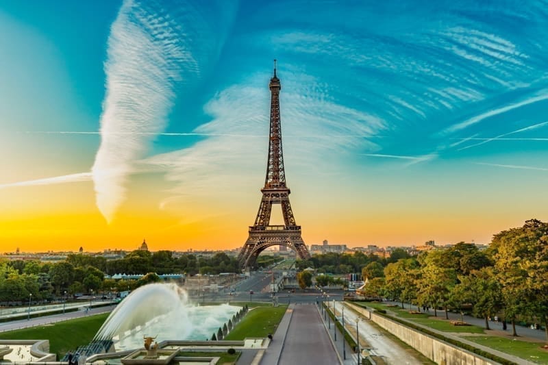 Eiffel Tower seen at sunrise from Esplanade du Trocadero in Paris