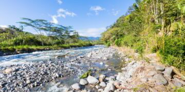 Caldera creek in the jungle with blue sky in a sunny day panoramic view in Panama