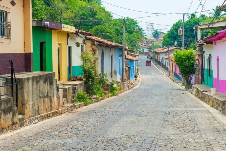 Street view of Suchitoto El Salvador with coloruful houses