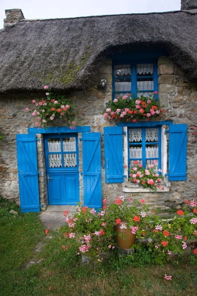 Attractive thatched French cottage blue door and shutters flowers window boxes