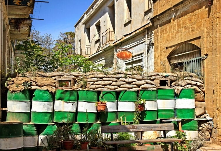 Part of the "Green Line" ("Buffer zone" or "Dead Zone") in the old town of Lefkosia, Nicosia, the last divided capital in the world