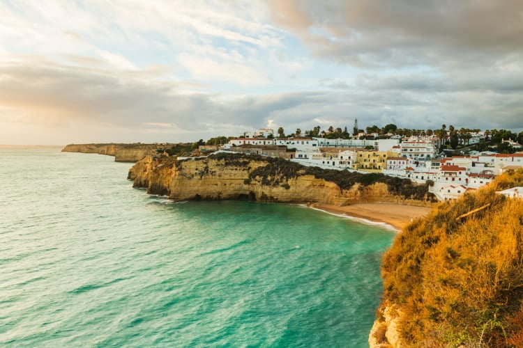 Rippling sea by village of Carvoeiro, Algarve, Portugal.