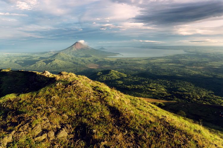 Aerial view of Concepcion Volcano green landscape against cloudy sky