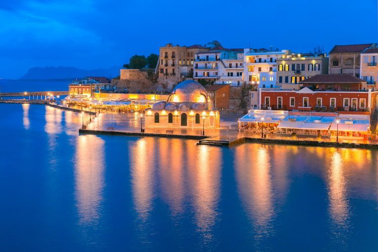 Night Venetian quay, Chania, Crete, Greece