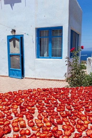 Dried tomatoes on the sun in Greek village Oia, Santorini