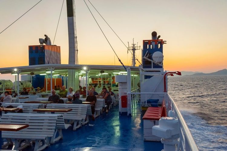 Dodecanese seaways boat at Dusk in the port of Rhodes Greece.