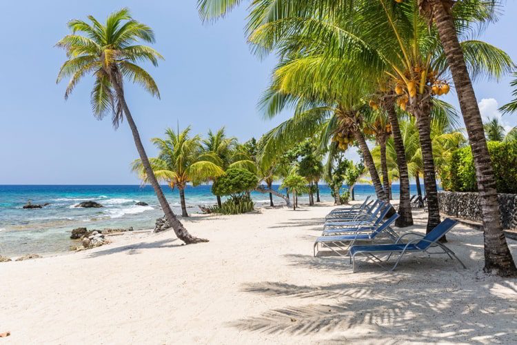 Coconut palm trees and beach chairs line the beautiful sandy beach at Lighthouse Point near the Meridian Resort in Roatan, Honduras