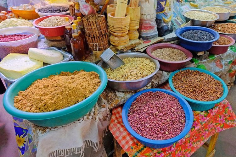 Beans, nuts, corn and seeds at a farmers market in Villarrica, Paraguay