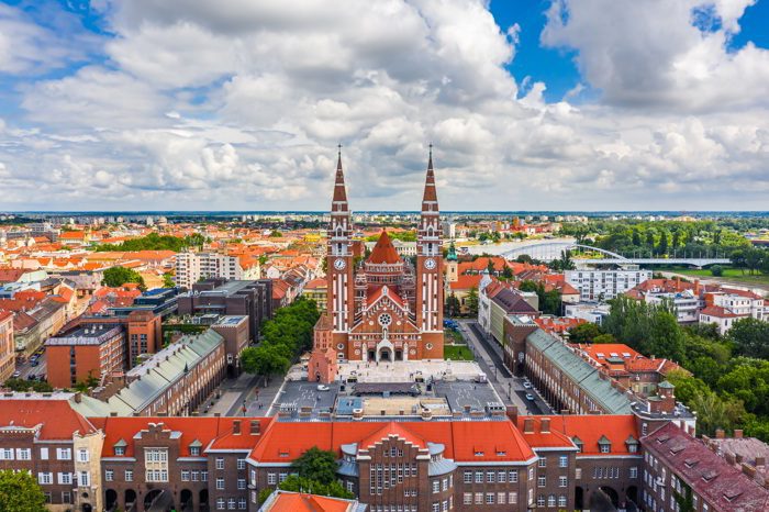 Aerial panoramic view of Szeged, Hungary on a sunny summer day