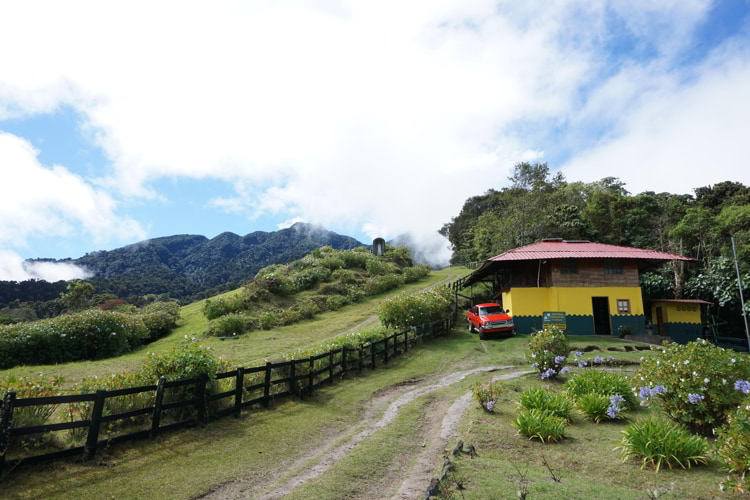 A small house in Cerro Punta, with bright green grass and blue skies 